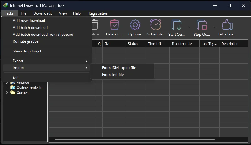مسیر Tasks سپس Import و From text file در IDM ویندوز